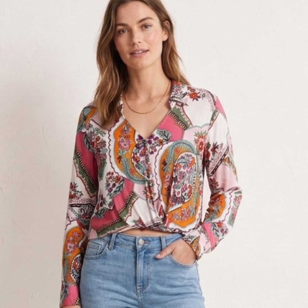 Rachel Zoe Womens Crop Top Faux Wrap Blouse Shirt Floral Colorful Long Sleeve